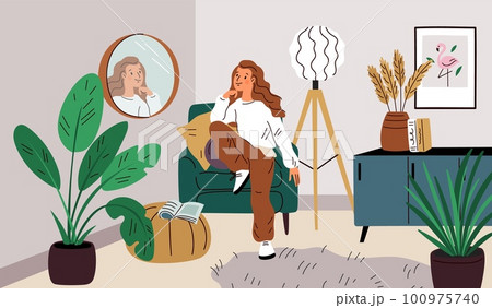 People looking at round mirror. Beautiful girl examines reflection. Cozy room interior. Woman sits in chair. Narcissistic female relaxes in comfortable armchair. Garish vector concept People looking at round mirror. Beautiful girl examines reflection. Cozy room interior. Woman sits in chair. Narcissistic female relaxes in comfortable armchair. Garish vector concept 100975740