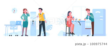 People drink water in office and home. Employees standing near cooler. Couple with beverage cups in kitchen. Plastic bottle. Aqua dispenser. Man and woman quenching thirst vector set People drink water in office and home. Employees standing near cooler. Couple with beverage cups in kitchen. Plastic bottle. Aqua dispenser. Man and woman quenching thirst vector set 100975744