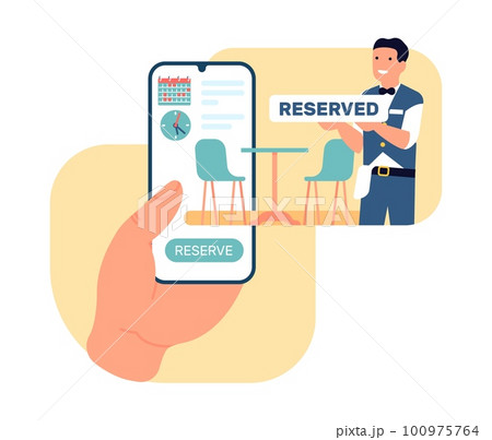 Online restaurant reservations through mobile app on your smartphone. Booking time and date of dinner. Phone screen. Cafe table reserve. Catering service application. Vector concept 100975764