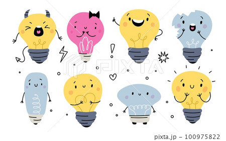 Cute light bulbs. Cartoon characters. Glowing and broken lightbulbs. Idea symbols. Various emotions. Sad or happy lamps. Emoticons design. Different shapes. Vector smiling mascots set Cute light bulbs. Cartoon characters. Glowing and broken lightbulbs. Idea symbols. Various emotions. Sad or happy lamps. Emoticons design. Different shapes. Vector smiling mascots set 100975822