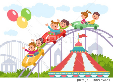 Cute children on Russian roller coaster. Smiling boys and boys ride in amusement park. Attraction cars. Fun entertainment. Funpark carousel. Summer outdoor leisure. Splendid vector concept Cute children on Russian roller coaster. Smiling boys and boys ride in amusement park. Attraction cars. Fun entertainment. Funpark carousel. Summer outdoor leisure. Splendid vector concept 100975824