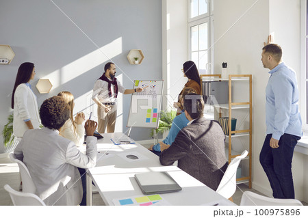 Male coach make presentation for employees in office Male coach make presentation for employees in office 100975896