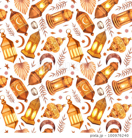 Watercolor painted seamless pattern islamic object. Hand-drawn illustration isolated on white background. For islamic celebration day ramadan kareem, eid al fitr adha, arab design. Watercolor painted seamless pattern islamic object. Hand-drawn illustration isolated on white background. For islamic celebration day ramadan kareem, eid al fitr adha, arab design. 100976240