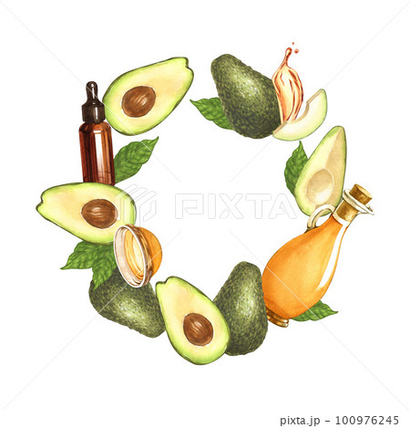 Watercolor round frame, ripe avocado and oil in glass bowl, top view. Hand-drawn illustration isolated on white background. Perfect food menu, food drawing, design packing, healthy eating concept Watercolor round frame, ripe avocado and oil in glass bowl, top view. Hand-drawn illustration isolated on white background. Perfect food menu, food drawing, design packing, healthy eating concept 100976245