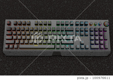 Realistic computer keyboard with black chrome texture isolated on black background. 3D render of streaming gear for cloud gaming and gamer workspace concept 100976611