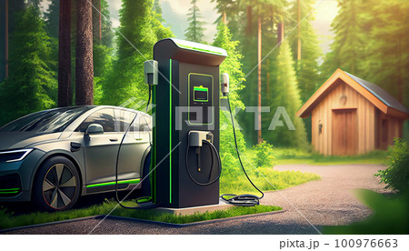 EV Car or Electric vehicle at charging station with the power cable pump supply plugged, car fueling station connected power, alternative sustainable eco energy, Generative AI EV Car or Electric vehicle at charging station with the power cable pump supply plugged, car fueling station connected power, alternative sustainable eco energy, Generative AI 100976663