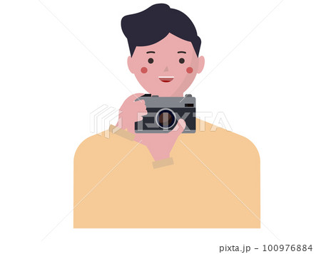 カメラで撮影をする笑顔の男性。写真を撮る カメラマン ベクターイラスト	 100976884
