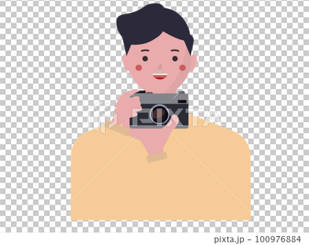 カメラで撮影をする笑顔の男性。写真を撮る カメラマン ベクターイラスト	 100976884