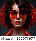 AI Generated Portrait of a beautiful girl with brown curly hair in red aviator glasses with red illumination 100976977
