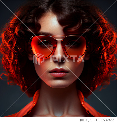 AI Generated Portrait of a beautiful girl with brown curly hair in red aviator glasses with red illumination 100976977