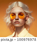 AI Generated Portrait of a beautiful girl with platinum blond wavy hair in yellow aviator glasses 100976978