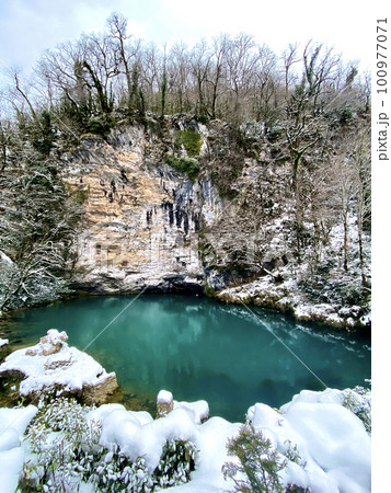 Abkhazia, blue lakes in winter. Beautiful winter nature Abkhazia, blue lakes in winter. Beautiful winter nature 100977071