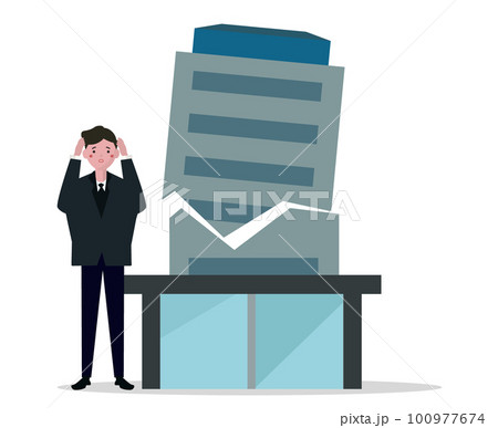 会社の倒産にショックを受けるビジネスマン 自己破綻した経営者。頭を抱えるスーツの男性。ベクターイラス 会社の倒産にショックを受けるビジネスマン 自己破綻した経営者。頭を抱えるスーツの男性。ベクターイラス 100977674