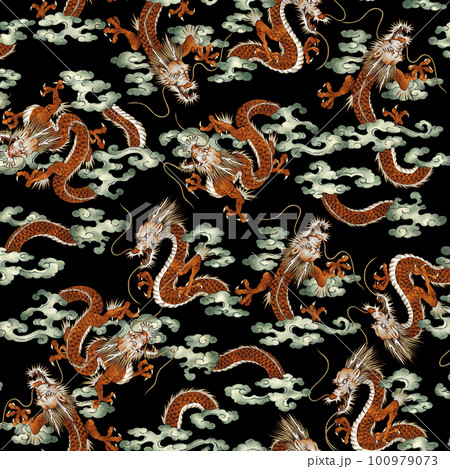 日本画調に描いた手描き龍の柄, 100979073