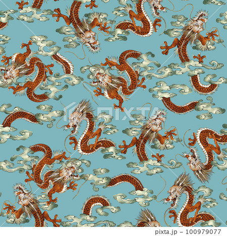 日本画調に描いた手描き龍の柄, 100979077