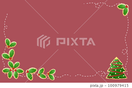 クリスマス☆イラスト素材 ミシン目入り柊とツリーとのアイシングクッキー 赤背景 色違い・差分有 100979415