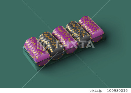 Blank black and violet plastic chip stack in tray mockup 100980036