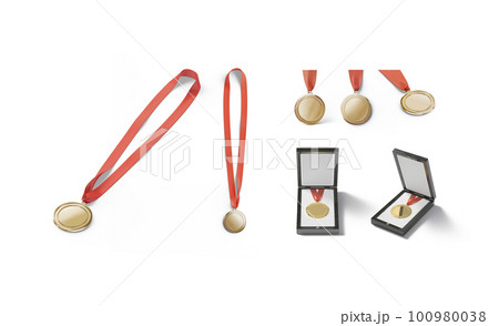 Blank gold medal with red ribbon mockup, different views 100980038
