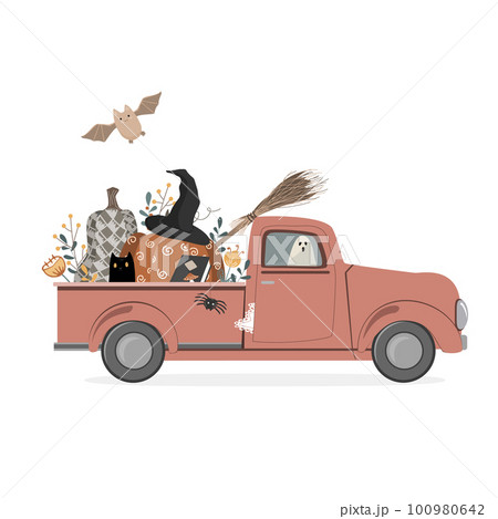 Trick or Treat Halloween Spooky Red Pick-up Vector. Cute characters bat, cat, pumpkin, broom, and ghost. Halloween Party isolated design element illustration. Holiday fun vector invitation background Trick or Treat Halloween Spooky Red Pick-up Vector. Cute characters bat, cat, pumpkin, broom, and ghost. Halloween Party isolated design element illustration. Holiday fun vector invitation background 100980642