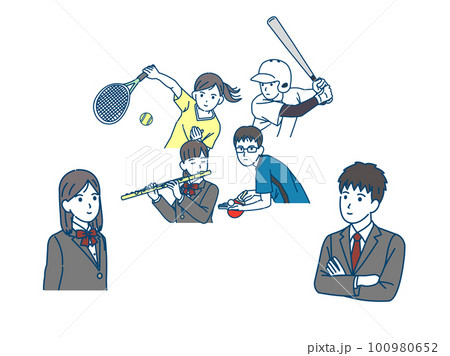 クラブ活動、部活を決める学生、男女のイラスト 100980652