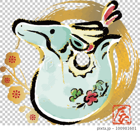 New Year's card 2024 dragon year dragon dragon earthen bell sumi circle sumi-e ink painting New Year's greetings Japanese pattern Japanese-style hand-painted illustration material 100981601