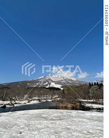 【新潟県妙高市】残雪の妙高山　と　いもり池　4月の風景 100983411