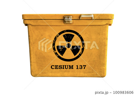 Black radioactive sign with text cesium 137 on yellow container isolated with clipping paths on white background Black radioactive sign with text cesium 137 on yellow container isolated with clipping paths on white background 100983606