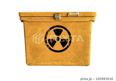 Black radioactive sign on yellow container isolated with clipping paths on white background Black radioactive sign on yellow container isolated with clipping paths on white background 100983616
