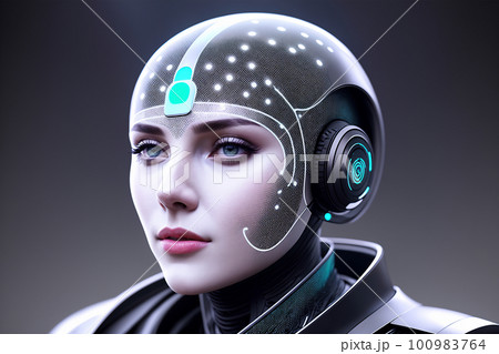 Futuristic concept of interaction between artificial intelligence and human being, machine learning, new technologies, information services, assistance. AI generative illustration 100983764