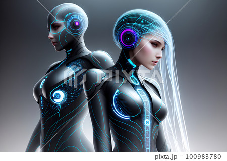 Futuristic concept of interaction between artificial intelligence and human being, machine learning, new technologies, information services, assistance. AI generative illustration 100983780