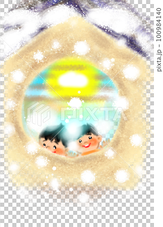 Children looking at the snow from the window in the house 100984140