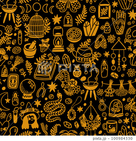 Golden witchcraft on black, pattern illustration 100984330
