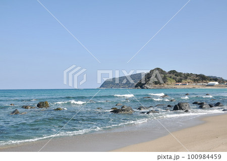 beach landscape at couple rock Meotoiwa for lover with white column on beach in Fukuoka Japan  100984459