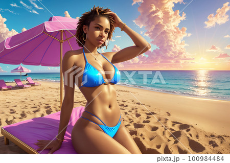 A stunning young woman lounges on a beach chair beneath an umbrella, with the breathtaking sunset as a backdrop. Purely AI generated image without any reference to real individuals. A stunning young woman lounges on a beach chair beneath an umbrella, with the breathtaking sunset as a backdrop. Purely AI generated image without any reference to real individuals. 100984484