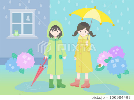 雨の日の子どもたちのイラスト 100984495
