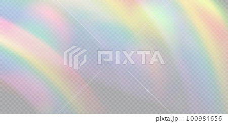 Rainbow light prism effect, transparent background. Hologram reflection, crystal flare leak shadow overlay. Vector illustration of abstract blurred iridescent light backdrop. Rainbow light prism effect, transparent background. Hologram reflection, crystal flare leak shadow overlay. Vector illustration of abstract blurred iridescent light backdrop. 100984656