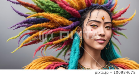 Young beautiful indigenous woman with colored dreadlocks that goes into color paint splashes at background. The symbol of a spring and hope. AI generated image 100984678