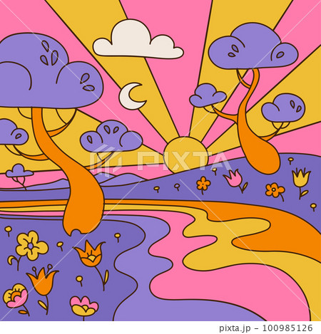 Groovy landscape background with abstract trees, flowers and river, retro waves clip art. Postcard designs with colorful abstract nature. Vector contour hand drawn illustration in 70s hippie style. Groovy landscape background with abstract trees, flowers and river, retro waves clip art. Postcard designs with colorful abstract nature. Vector contour hand drawn illustration in 70s hippie style. 100985126
