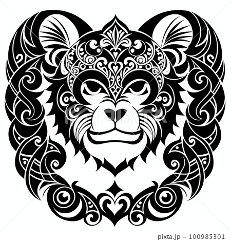 Monkey or ape's head, ornate sticker or tatoo design, black on white background. AI generated image 100985301