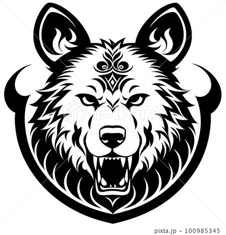 Bear's head, ornate sticker or tatoo design, black on white background. 100985345