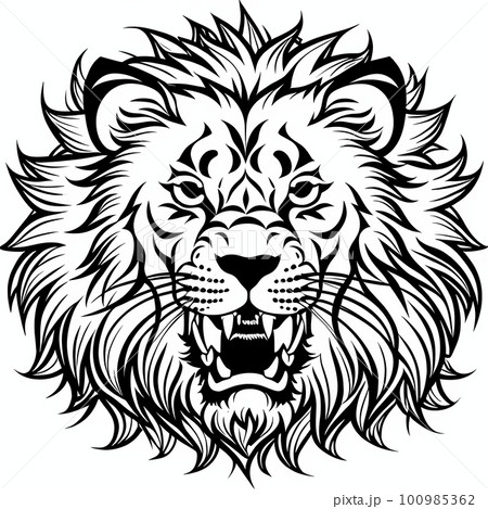 Lion's head, sticker or tatoo design, black on white background. AI generated image 100985362