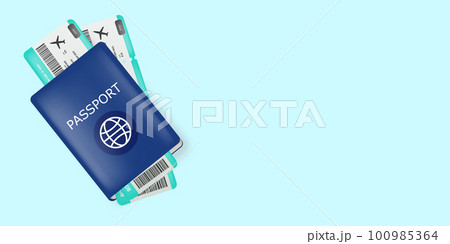 Vector blue international passport with two airplane tickets inside isolated on blue horizontal background. Top view Blue Passport with boarding pass for plane. Travel icon and label with id documents 100985364