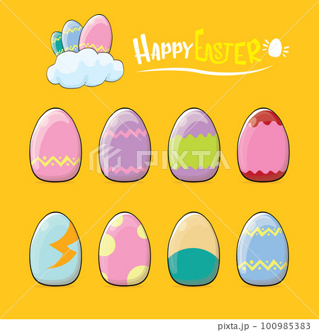 Set of colorful hand drawn Easter eggs with different colors isolated on orange background. Spring holiday. Vector Cartoon Happy easter eggs set and clip art collection 100985383