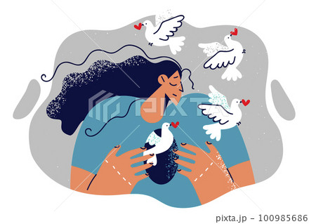 Woman with hole in body and flying doves symbolizes liberation from romantic addiction 100985686