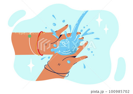 Close-up hand with jet of water in process of disinfection after walk to get rid of bacteria and germs Close-up hand with jet of water in process of disinfection after walk to get rid of bacteria and germs 100985702