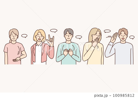 Diverse people communicate using sign language  100985812