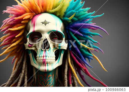 Painted human skull with colorful dreads, flowers and paint spashes, AI generated 100986063