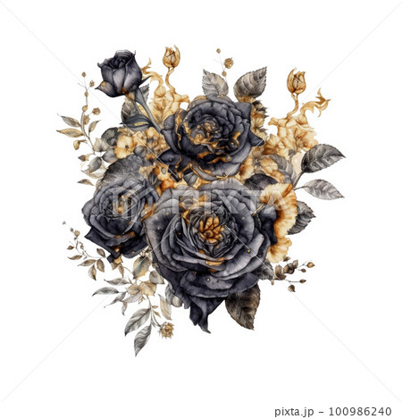 Dark Gothic Rose with Gold Shimmer Dark Fantasy Gardening Watercolor Clipart 100986240