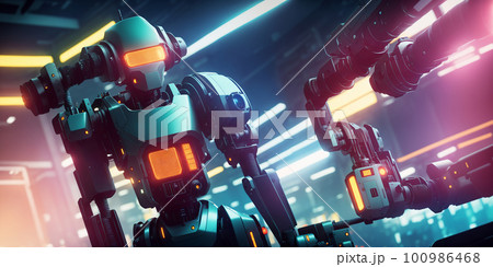 Industrial robots, antropomorphic ones and robotic arms in manufacturing space doing assembly of electric cars. AI generative 100986468