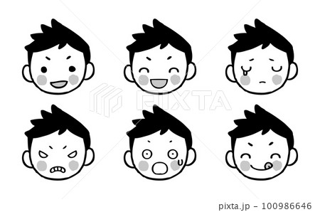 いろいろな表情の男の子のイラストセット　モノクロ 100986646